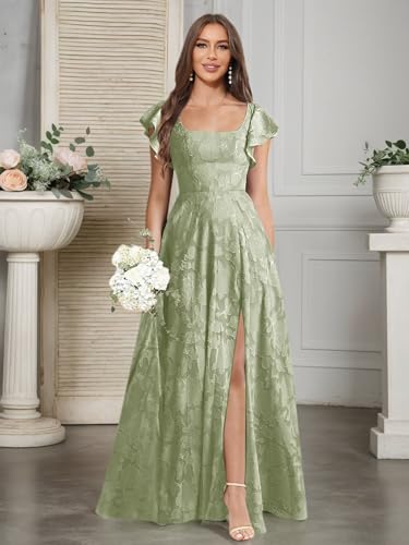Floral Bridesmaid Dresses Long Square Neck Short Sleeve Formal Evening Gowns with Slit4