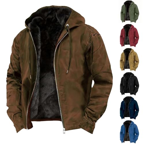 Generisch Fleecejacke Herren mit Kapuze Gefütterte Sweatjacke Warme Winterjacke Outdoor Jacken Kapuzenjacke Regular Fit Outdoorjacke mit Mehreren Taschen Einfarbig Freizeitjacke Braun 4XL