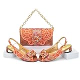 Women's Peep Toe Pump and Purse Set - Sparkly Crystal Party Shoes with Matching Clutch for Special Occasions Orange