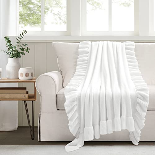 Image of Lush Decor Reyna Soft Knitted Ruffle Throw Blanket, 50 inch W x 60 inch L, White - Modern Farmhouse Ruffle Blanket - Cozy Chic Blanket For Bed, Couch, or Chair