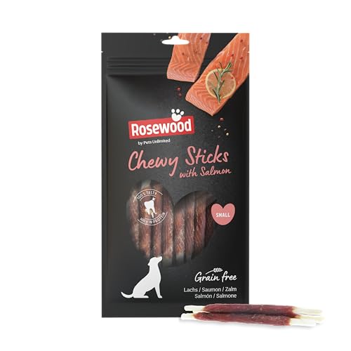 Rosewood Chewy Sticks Lachs Small – Kaustangen für Hunde mit Lachs, Rinderhautsnack, Rohhautsnack, unterstützt die Zahnpflege, ohne Getreide, ohne künstliche Zusatzstoffe, 72 g