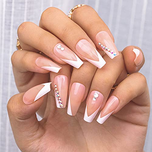 Sethexy Lange Sarg Falsche Fingernägel Kristall Falsche Nägel Funkeln Ballerina Nägel aufkleben Glänzend Nägel mit…