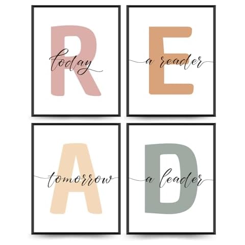 PLKMN Boho Classroom Read Decor Set of 4 - Reading Nook Decor, Modern Neutral Reading Corner Decor, Pre School Elementary Middle School Daycare Library Classroom Wall Decor, 8x10 (Unframed) Cover