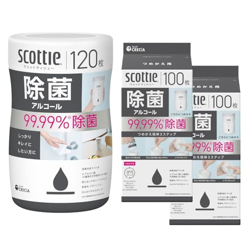 スコッティ ウェットティシュー 除菌 アルコール 本体120枚+詰替用100枚 ×2個セット
