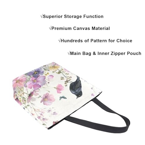 Extra Large Shoulder Tote Bag for Beach Travel Weekender Gym Watercolor Purple Pink Flowers Bird Butterfly Reusable Grocery Canvas Shopping Bag4