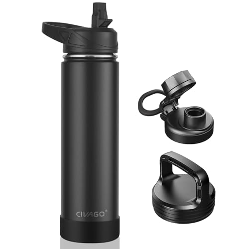 Image of CIVAGO 24 oz Insulated Water Bottle With Straw, Stainless Steel Sports Water Flask Cup with 3 Lids (Straw, Spout and Handle Lid), Double Walled Travel Thermal Canteen Mug, Black