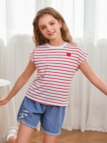 Image of SOLY HUX Girl's Cute Striped T Shirts Short Sleeve Heart Casual Teen Tee Tops Preppy Clothes