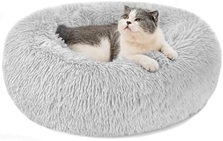Calming Dog Cat Donut Bed - 19.7in Fluffy Plush Puppy Kitten Cuddler Round Bed, Warm and Soft Pet Cosy Anti Anxiety Beds with Non-Slip Bottom and Washable (M-50CM, Grey)