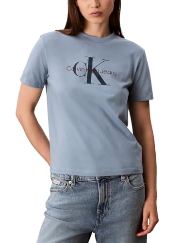 La Mejor Recopilación de Blusas y camisas para Mujer - los preferidos. 47 Calvin Klein - Playera de Cuello Redondo con Logotipo Monograma para Mujer, Mezclilla descolorida, Large