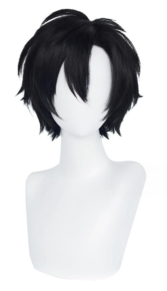 Anime Cosplay Wig Short Black Hair Wig with Bangs Short Wig Heat Resistant Synthetic Hair Wig 14 inches