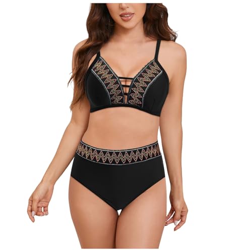 Conjunto de bikini de cintura alta para mujer, bañador calado con cuello en V, traje de baño de dos piezas con bloques de colores, bañador corto para mujer de 1 pieza, Le Noir, L