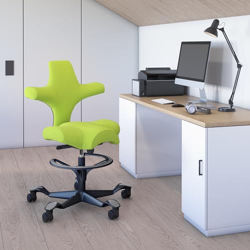 Image of HAG Capisco Sit to Stand Chair-Black Frame-Upholstered Bright Green-with Foot Ring