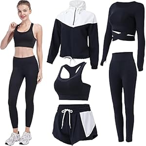 Inmarces Women’s Workout Sets 5 PCS Yoga Activewear TrackSuit Outfit, Black01, Large