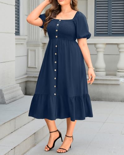 Plus Size Summer Dresses - Boho Casual Wedding Guest Midi Flowy Short Sleeves Smocked Button Down Dress for Curvy Women3