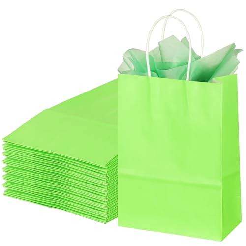 Image of BLEWINDZ 32Pcs Small Paper Gift Bags with Tissues, Green Party Favor Bags with Handles, 8.7 inch Goodie Bag for Birthday, Shopping, Party Supplies