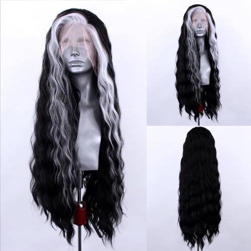ELESTY Highlights Synthetic Lace Front Wigs Free Part Long Curly Black Mixed White Hair Heat Resistant Natural Hairline Fiber Hair Glueless Lace Wigs for Women Daily Party Use 24Inch