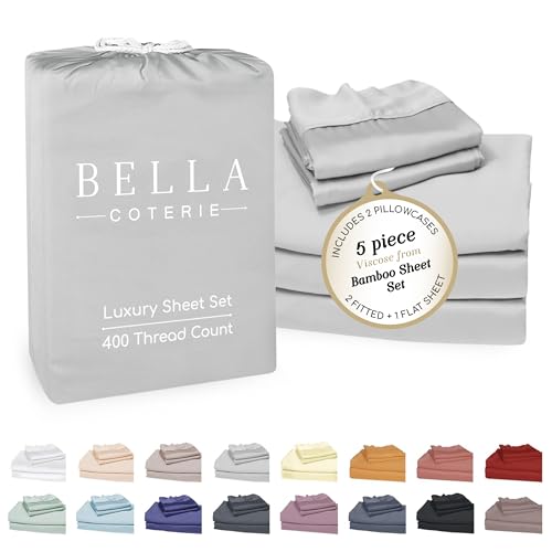 Bella Coterie Luxury Bamboo Viscose Split King Size Sheet Set | 2 Fitted Sheets for Sleep Number & Adjustable Beds | 100% Organically Grown | Cooling & Ultra Soft | 18” Deep Pocket [Grey Mist]