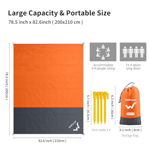 wellhouse Sandproof Beach Blanket,Camping Mat Waterproof Picnic Blankets with Floating Waterproof Phone Pouch Washable Rug for Travel Hiking Music Grass BBQ (Orange) - image 2