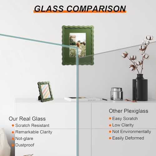 8x10 Picture Frame with Mat for 5x7, Wavy Edge Wooden Real Glass Photo Frame for Tabletop and Wall Hanging, Green, 1 Pack - Image 3