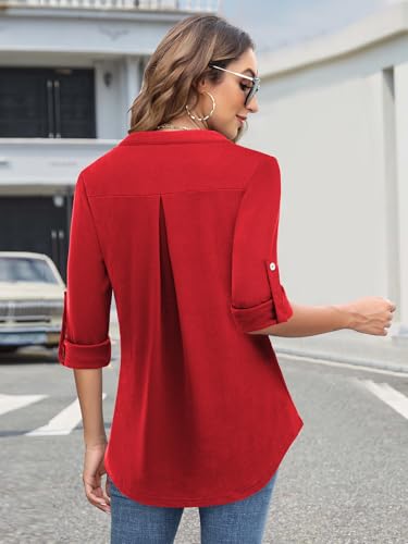 Image of Bulotus 3 /4 Length Sleeve Womens Striped Tops Zipper V Neck Collared Blouses Business Casual Tunics 2026 Spring Trendy