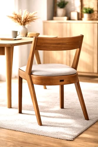 Image of Solid Wood Designer Dining Chair | Premium Wooden Chair with Cushioned Seat | Modern Mid-Century Style Chair for Dining, Living Room & Study (Natural Finish)