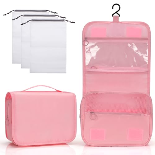 Zivacate Neceser Viaje Colgante, Bolsa de Maquillaje Impermeable Hombre & Mujer, Bolsa de Aseo con Asa, Plegable Bolsa de Cosméticos Portátil con 3 Bolsas Organizadoras con Cordón - Rosa