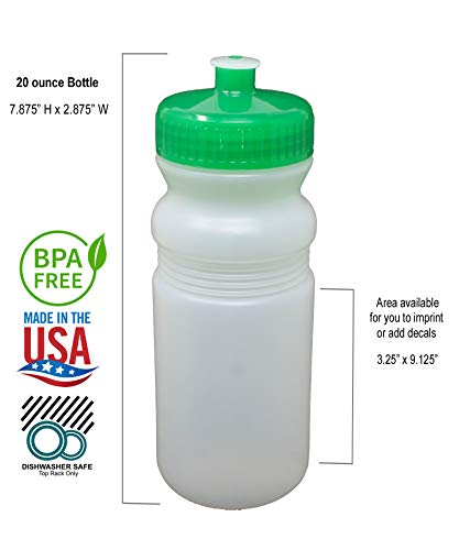 Rolling Sands 20 Ounce Sports Water Bottles 6 Pack, Bpa-Free, Made In Usa, Dishwasher Safe, Clear Frost Bottles/Green Lids #TOP1