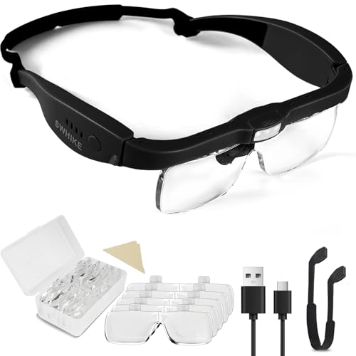 Magnifying Glass with Light Hands Free Rechargeable Magnifying Glasses Headset with 5 Detachable Lenses Magnifier for Close Work Reading Jewelry Making Crafts (Black)