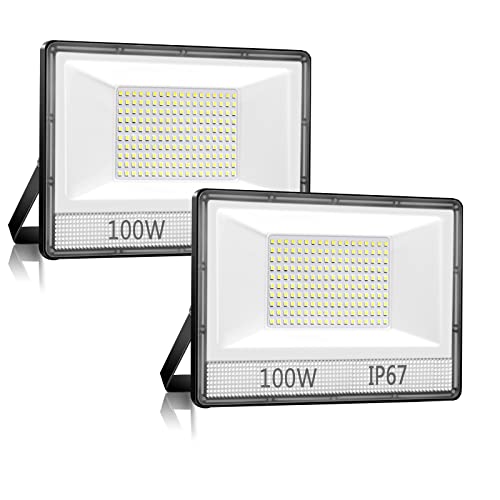 ISKYDRAW 2 Pack 100W LED Flood Light Outdoor, 10000LM Security Lights Waterproof Flood Lights 7000K Daylight White Floodlight for Yard/Garden/Basketball Court/Arena, Unique Fathers Day Gifts