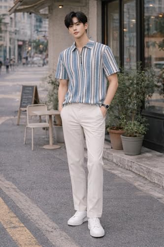Image of London Hills Men's Loose Fit Half Sleeve Vertical Striped Polo T-Shirt with Zip Collar | Premium Polyester Fabric | T Shirt for Man | Tshirt | Shirts Men | Tshirt for Man | Men T-Shirts