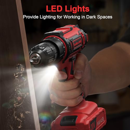 Cordless Drill Set, 20V Power Drill with Battery 2.0Ah and Charger, 3/8-Inch Keyless Chuck Electric Drill, 25+1 Torque, 42pcs Drill Driver Bits/Screws for DIY Projects (Red)