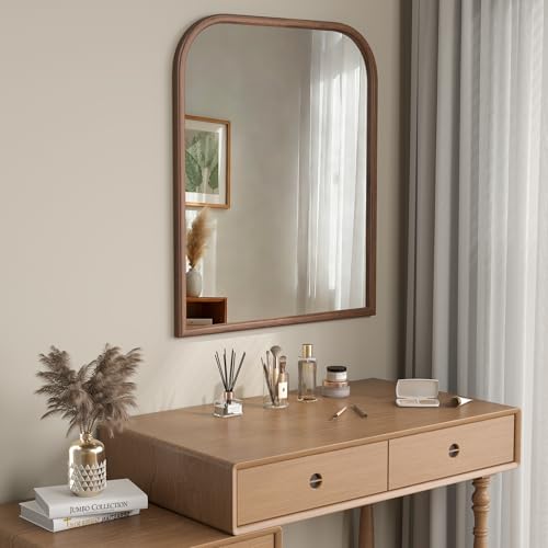 Image of 30 inchx36 inch Arch Wall Mirror for Wall, Wall Mounted Vanity Mirror for Bedroom, Wood Grain Finish Frame Mirror with Tempered Glass, Vintage Decorative for Bathroom, Entryway, Living Room, Walnut