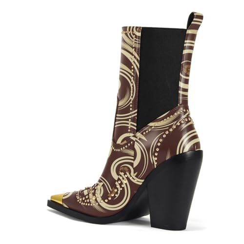 Zszszsu Women's Pointed Cap Toe Mid Calf Boots Chunky Block High Heels Studded Elegant Party Dress Chelsea Boots Shoes Size 4-16 US3