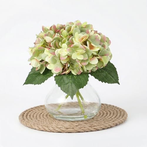 Garvee Green Faux Hydrangea Flowers with Glass Vase, Silk Artificial Flower Arrangement with Faux Water, Fake Flowers in Vase for Table Centerpieces,