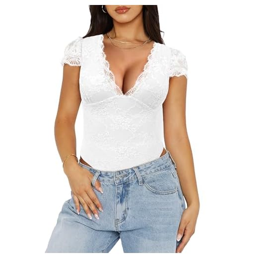 Saslax Body feminino sexy com decote em V profundo de renda e forro duplo, tanga, regata branca, G