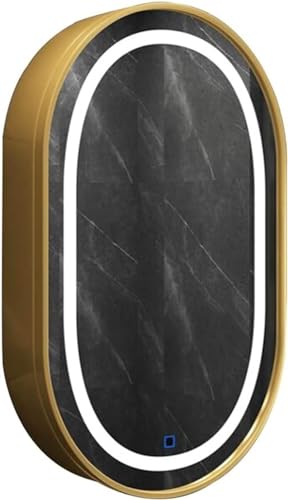 UQACHG Espejos De Tocador, Armario De Baño Ovalado, Armario De Baño De Madera De Pared, Armario De Almacenamiento Antivaho con Luz, Negro con Luz, Dorado con Luz, 50,Gold-with Light-50 * 80 * 14cm