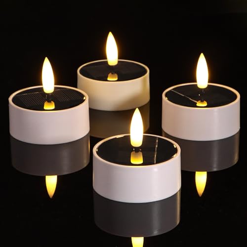 ZIYOUDOLI 4er Solar LED Teelichter Outdoor Wasserdicht LED-Kerzen mit Timerfunktion & Warmweißes Flackern 6 x 6cmweißer Anzug Geeignet für den Einsatz im Garten Camping