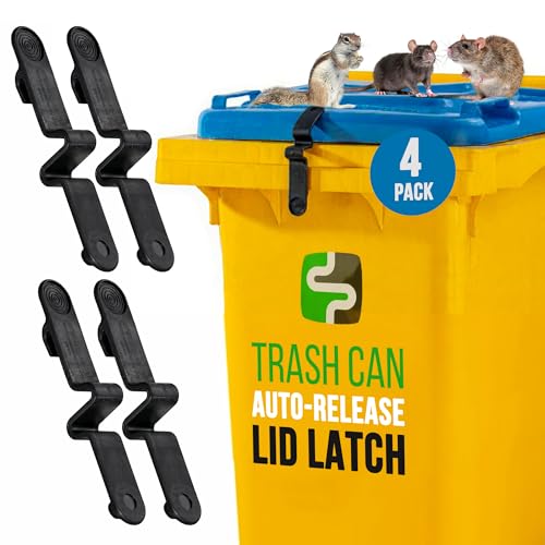 Image of Trash Can Lock for Animals, Durable Lid Latch, 4ct | Raccoon-proof latch auto-releases for truck collection, fits 28-96 gal curbside bins, wind and storm resistant