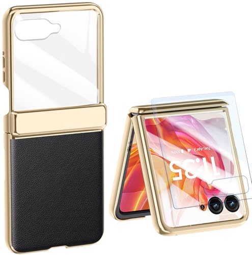 Hulveze Coque en Cuir pour Motorola Razr 50 Ultra avec Protecteur D'écran Intégré et Protection de Charnière, Cuir PU de Luxe Ultra Fin et Cadre Plaqué...