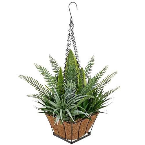 Arborus Künstliche Hängepflanze mit Topf 55cm Pflanzenampel Künstlich wie Echt Künstliche Sukkulenten Bogenhanf Fern Agave Pflanzenarrangement für Balkon Flur Terrasse Innen Außen Eingang Garten Deko
