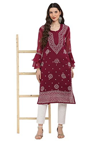 Image of FAWOMENT Women's Designer Georgette Straight Kurta with Hand Crafted Lucknowi Chikankari Embroiderey Emblemished Moti Work Along