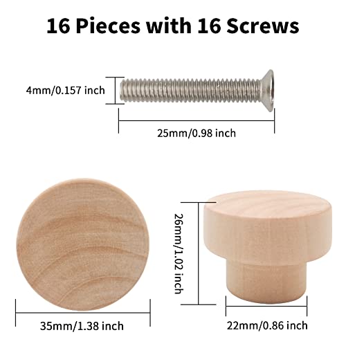 Bmgop 16Pcs Wood Knobs Flat Top Round Cabinet Knobs 1.39"(35Mm) Unfinished Wooden Furniture Drawer Knobs Pulls Handles #TOP1
