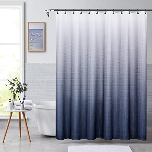 White To Navy Ombre Shower Curtain Water Resistant Decorative Gradient Print Bathroom Spa Hotel Waffle Weave Fabric Shower Curtain Liner With 12 Grommets(Cream White/Navy Blue, 70"X72") #TOP13
