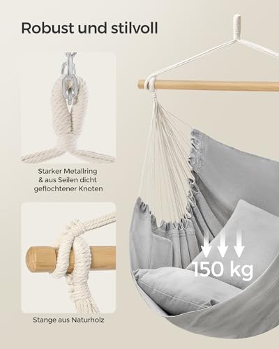 SONGMICS Hängesessel, Hängeschaukel, Hängestuhl mit 2 Kissen, Metallkette, bis 150 kg belastbar, Indoor und Outdoor, Wohnzimmer, Schlafzimmer, Taubengrau GDC187G01 4