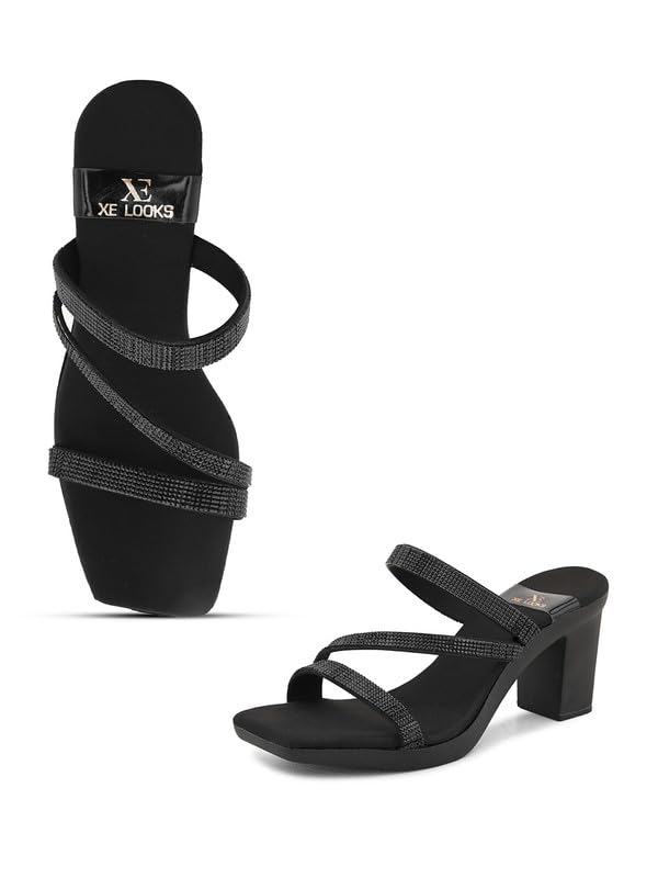 XE Looks Black Womens Fashion Sandals | Faux Leather Soft and Stylish SlipOn Block Heel | Casula & Wedding Occasion | For Women & Girls (B0D2TX6P1S) Amazon Price History, Amazon Price Tracker
