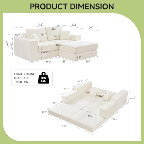 Image of 79 inch Boneless Cloud Loveseat Sofa Couch, Modular Tufted Foldable Floor Sofa with Ottoman, Chenille Lounge Convertible Sofa Bed for Living Room, No Assembly, Beige