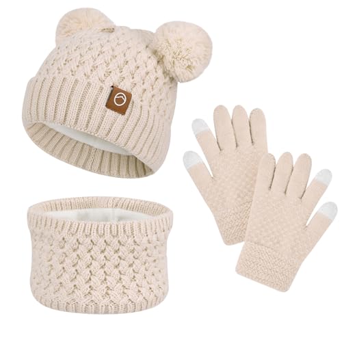 Image of Kids Winter Hat Gloves Scarf Set,Toddler Girls Winter Hat Kids Beanie with Pom Neck Warmer Gaiter Mittens Fleece Lined Set