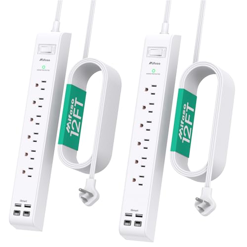 Image of 2 Pack Long Extension Cord, 12FT Power Strip Surge Protector with 6 Outlets and 4 USB Ports (2 USB C), Extension Cord with Multiple Outlets, Flat Plug Overload Protection, Wall Mount for Dorm College
