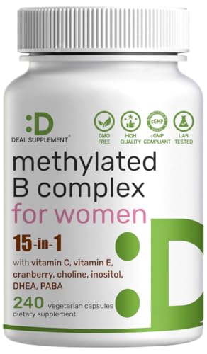 DEAL SUPPLEMENT Methylated B Complex for Women 240 Vegetarian Capsules | 15-in-1 Bioactive Formula with Methylated & Activated B Vitamins Plus Inositol Cranberry Choline PABA & DHEA | Non-GMO