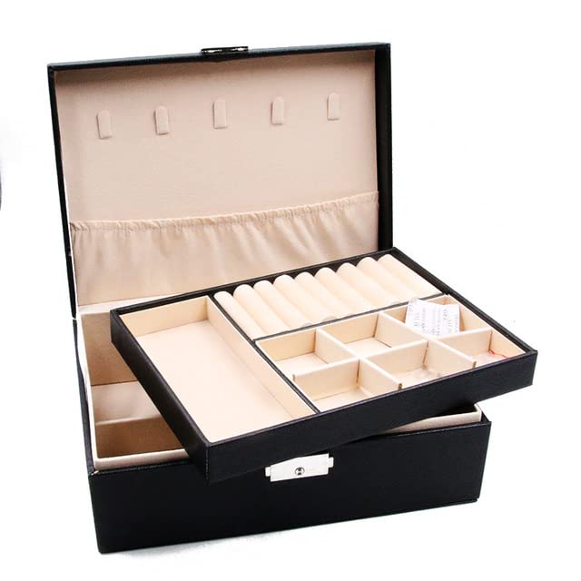 4 Color Double-Layer Portable Box Jewelry Organizer Display Travel Jewelry Case Storage Boxes Button Leather Storage Packaging (Green) (Black)